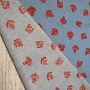 Vintage Nautical Anchor Print Fabric Blue Red Cotton Blend 44.5 x 75 Sewing